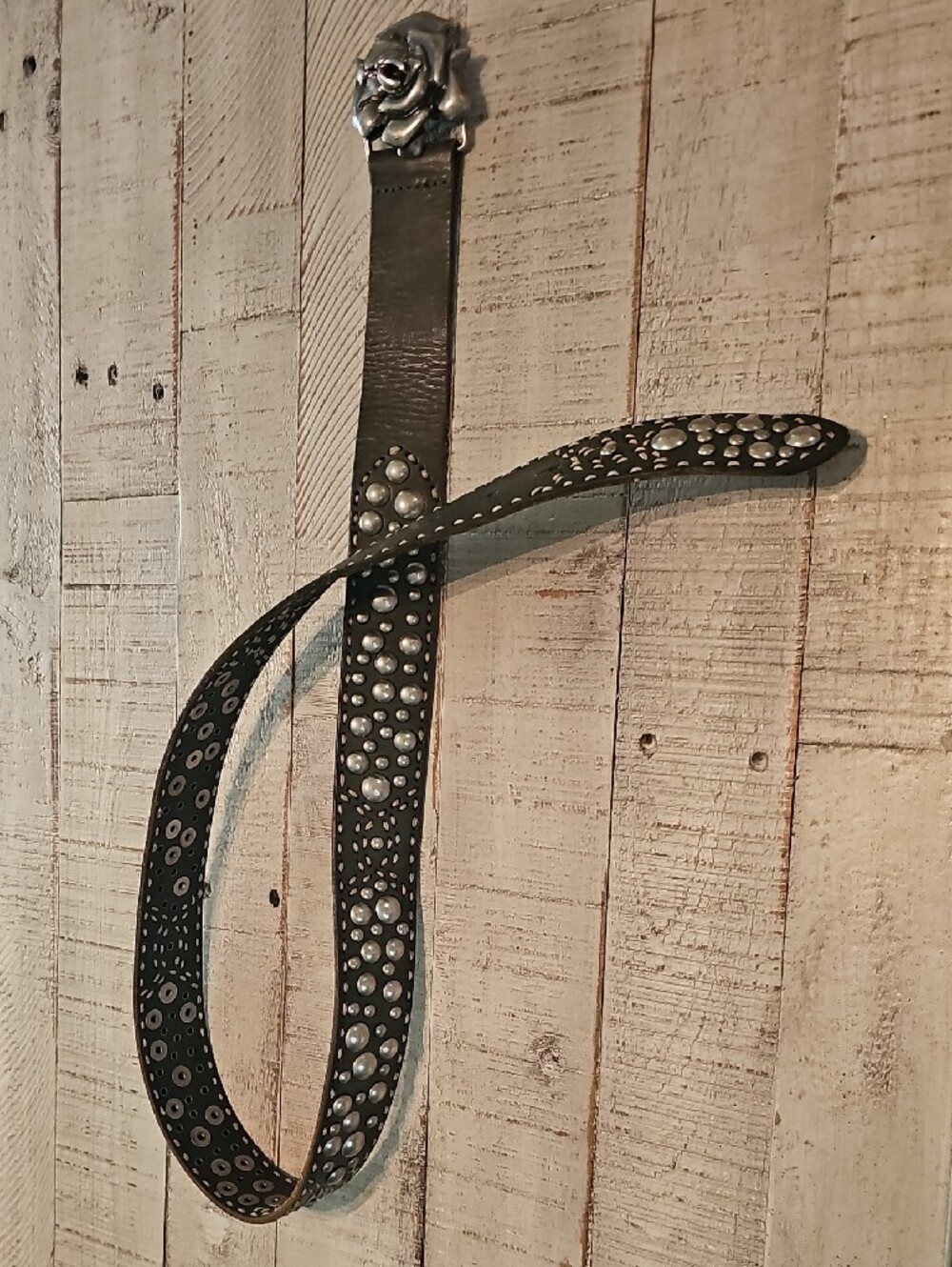 Betsey Johnson Brown Studded Leather Belt with Silver Rose Buckle - Medium - Picture 3 of 3